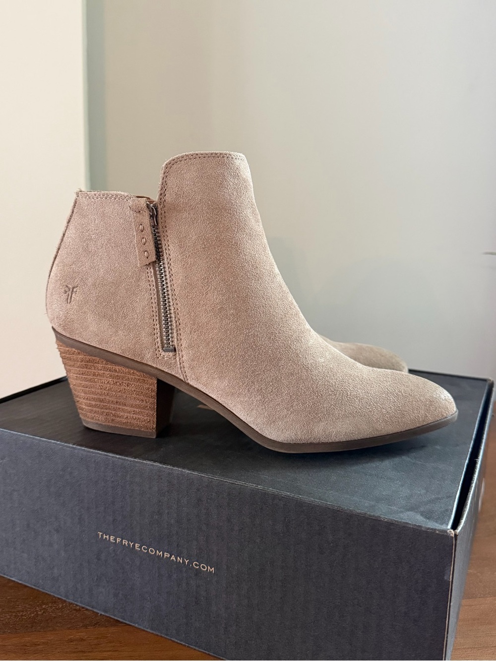 Frye Beige Suede Judith Zip Ankle Booties with Stacked Heel